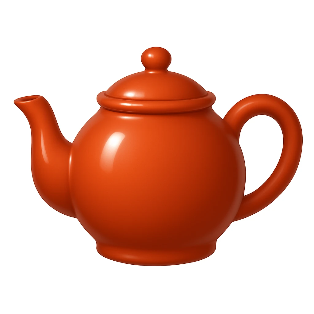 Create a teapot in the same moderate red color as the reference teapot, matching the style and shading of the attached coffee cup emoji. The teapot should have no face and be in the emoji style as shown in the coffee cup emoji. Add a glossy effect to the teapot. emoji