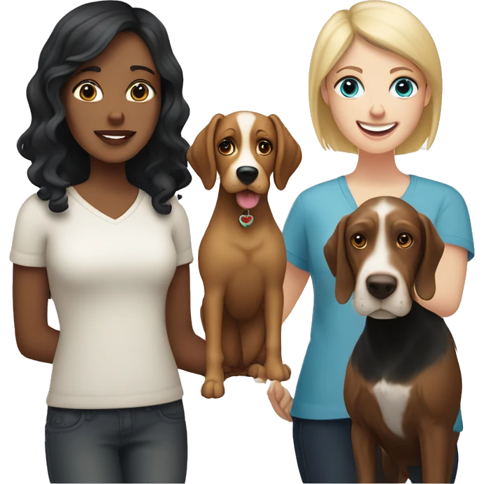 two woman, one with blonde hair & blue eyes, the other with black short hair and brown eyes, hugging a springer spaniel and a yorker terrier  emoji