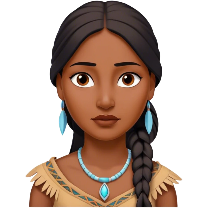 Cinematic Realistic Pocahontas Portrait, depicted with lifelike skin texture, soft natural lighting, and intricately detailed long, flowing raven-black hair that moves gracefully in the wind. Her deep, soulful dark brown eyes exude wisdom and strength, complemented by a serene yet powerful expression. She is shown gently holding a feather in one hand, her other hand resting lightly at her side, embodying the harmonious balance between nature and herself. She is dressed in her classic one-shoulder native American dress, with rich fabric textures and delicate beaded details that catch the light beautifully. The portrait features a soft, sun-kissed glow with a natural, radiant finish, capturing the essence of untamed beauty and deep connection to nature in a realistic and painterly style, evoking a sense of depth and authenticity. emoji
