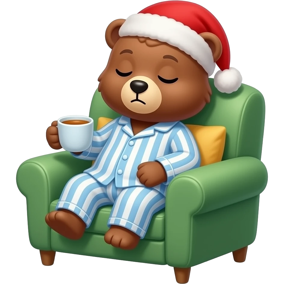 Disney style Three quarters view of an anthropomorphic Sleepy bear in green sofa chair holding a cup of hot tea depicted in a long light blue and white striped nightshirt and red nightcap with a red Pom Pom at the end of it emoji