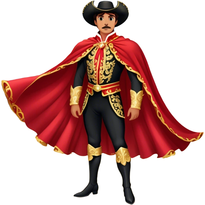 Spanish Matador – Cinematic Realistic Spanish Matador, portrayed in an ornate traje de luces with a flowing red cape, standing poised in a classic bullring with swirling dust and dramatic light, his intense expression and elegant stance capturing both bravery and artistry. emoji