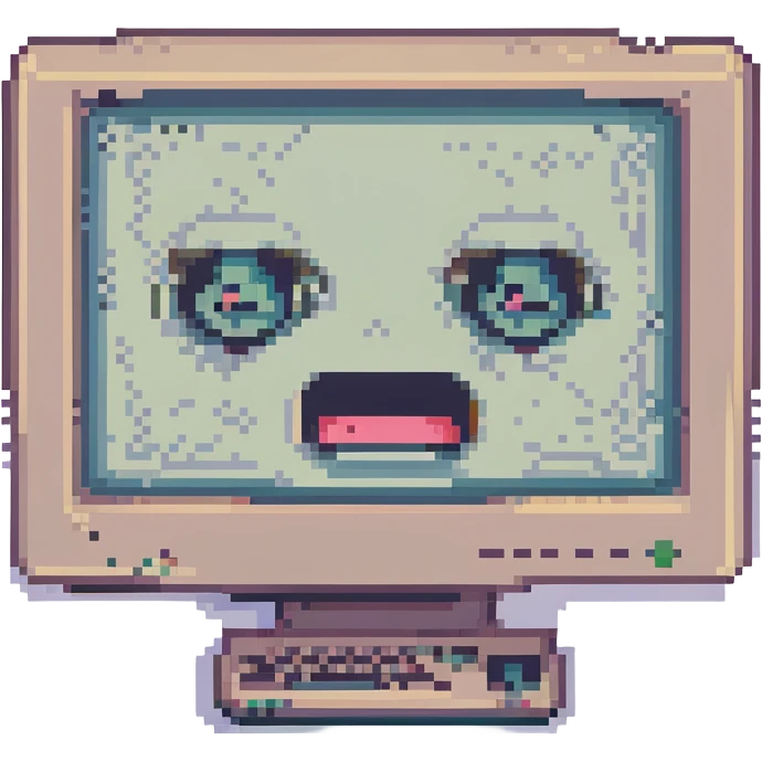 a jaded AI, computer monitor with sarcastic pixel face, faded colors emoji