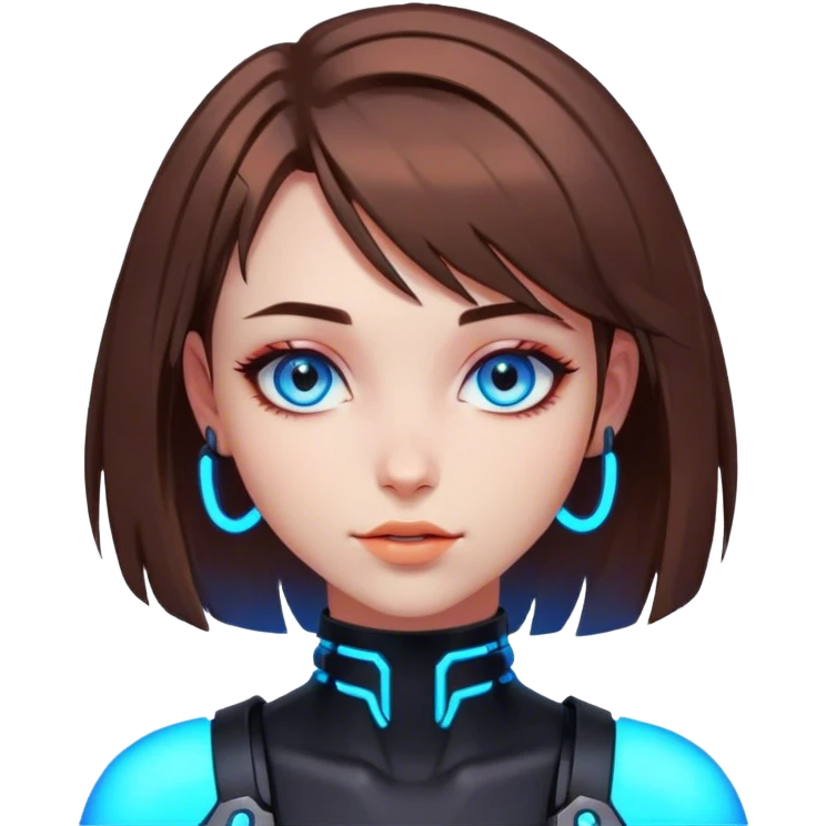 neon cyberpunk style 
girl with brown bob hair and blue eyes flirts emoji