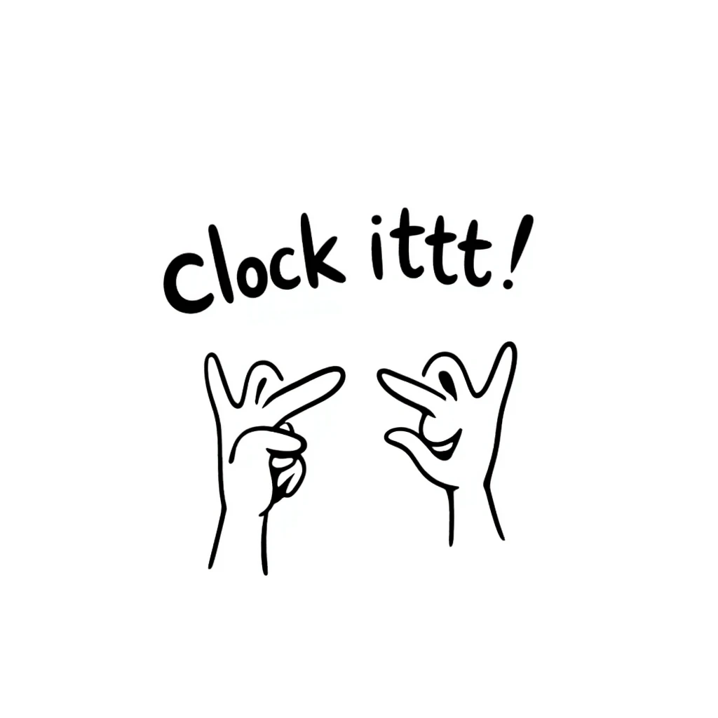 two fingers almost touching with a playful expression and the phrase 'clock ittt' in a fun emoji style emoji