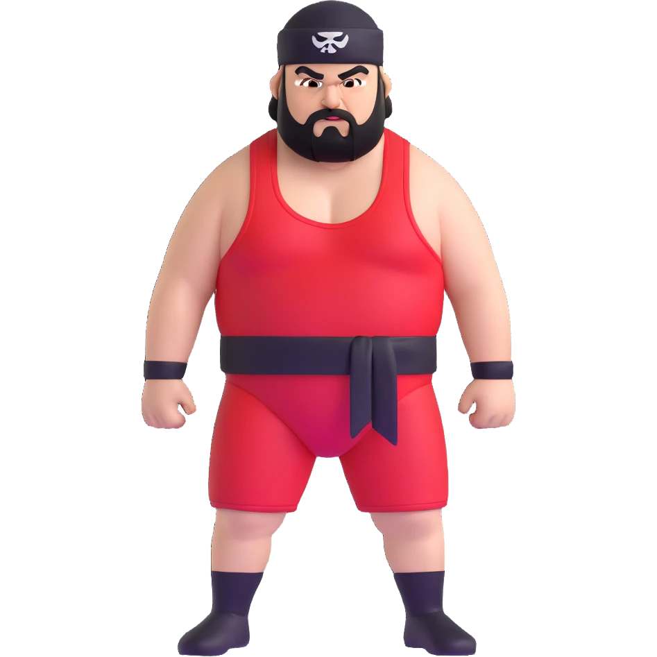 White skin fat guy with black durag, black beard, black eyes in a red and black wrestling singlet with angry face emoji
