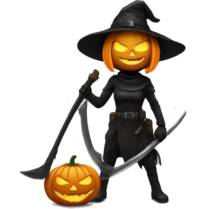 Human female pumpkin hunter with a scythe, glowing pumpkin eyes inside a black helmet, Halloween theme, emoji emoji