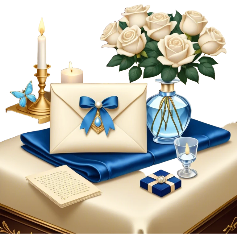 A carefully folded love letter, tied with a silky blue ribbon, sits on a velvet cushion. Beside it stands a tall crystal perfume bottle, exuding the soft scent of white roses. Pearl butterflies hover above the table, as the warm glow of candlelight reflects off the golden wax seal. emoji