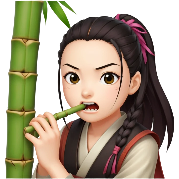Nezuko with determined expression actively biting on bamboo piece in her mouth, teeth gripping the bamboo emoji