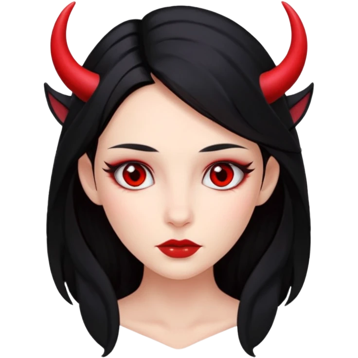 A girl's face with cheekbones, red skin, long black hair, small red horns, and red eyes. emoji