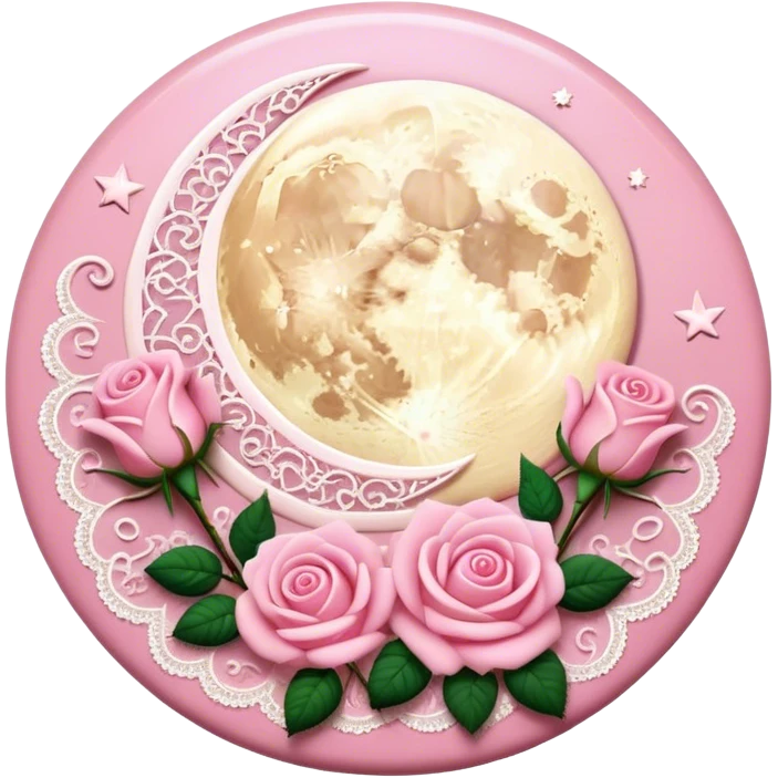 A round pink button with light cream damask lace, a full moon and stars and pink roses emoji