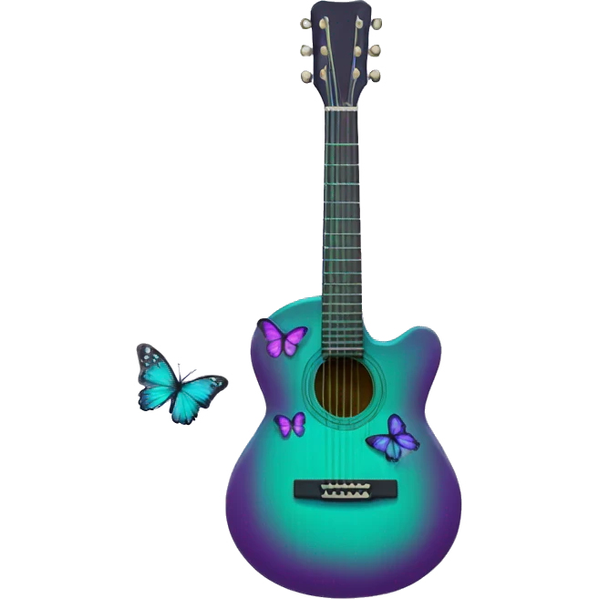 Green acoustic guitar covered in purple and teal butterflies  emoji