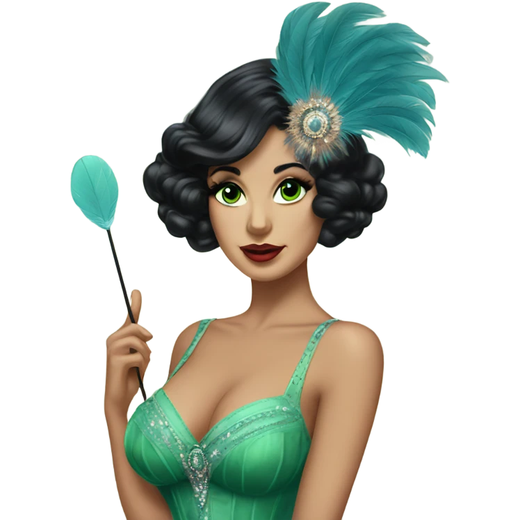 Burlesque dancer with black hair and green eyes in a vintage costume holding blue feather fans emoji