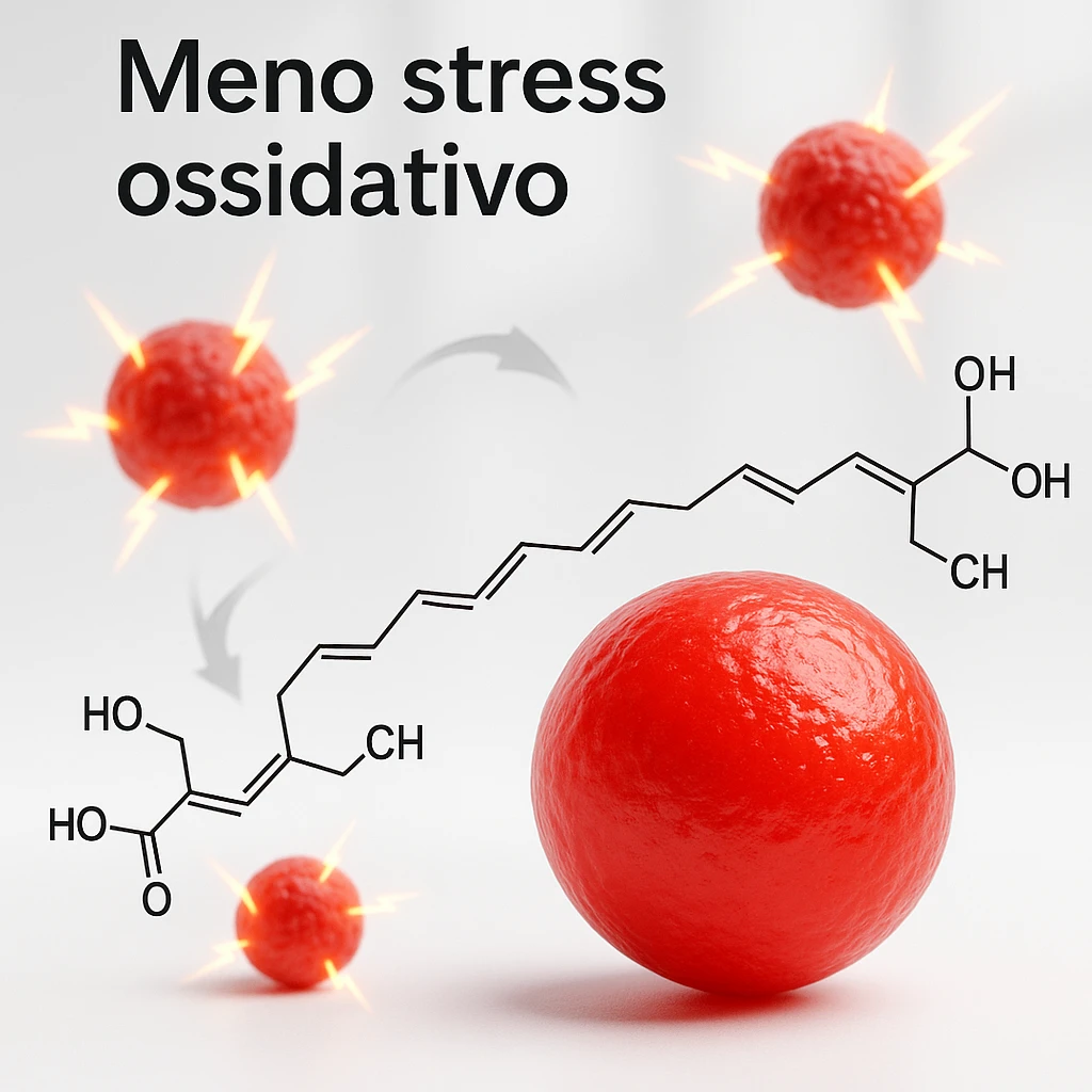 hyper realistic red astaxanthin molecule reducing oxidative stress, neutralizing free radicals, clinical atmosphere, white background, text 'Meno stress ossidativo' emoji