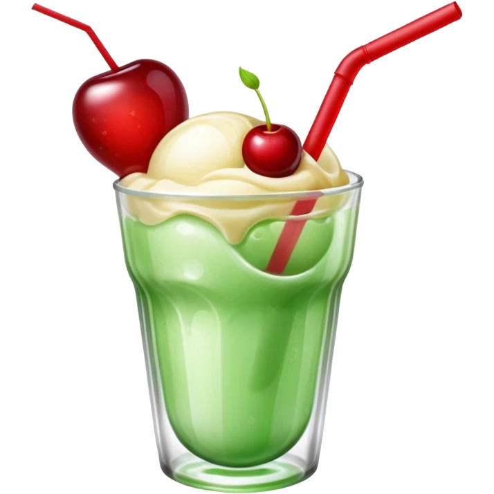 Create an emoji with a clear rounded glass, bright transparent green soda with fine bubbles, a smooth vanilla scoop, a glossy red cherry, and a red straw, using vibrant colors, soft shading, and clear glass highlights.
 emoji