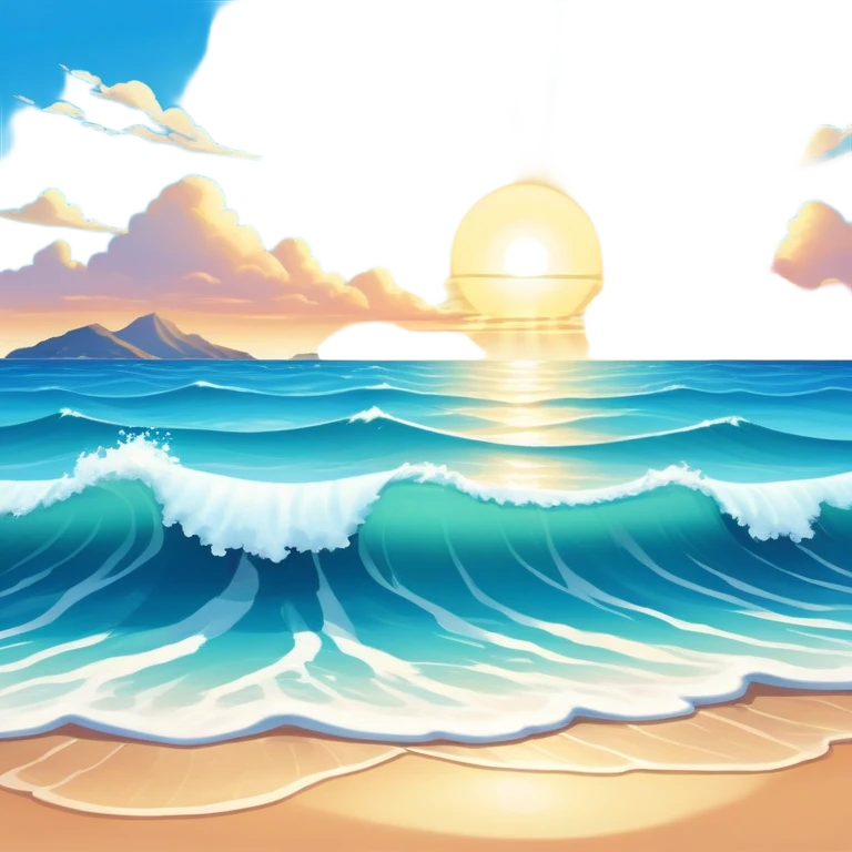 A beautiful seascape with waves in warm tones under a bright sun, with the azure sea occupying the foreground. The sunlight reflects off the water, creating a vibrant, peaceful atmosphere. The background features a stunning sky with soft clouds and a distant horizon. emoji