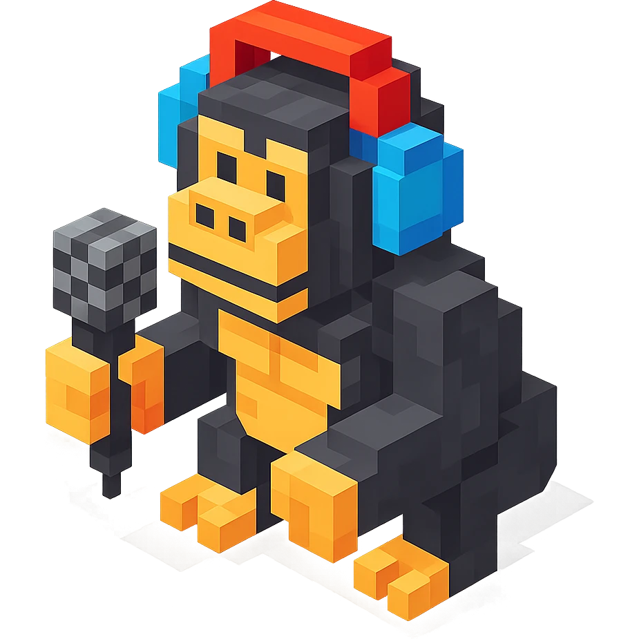 gorilla with headphones holding a microphone, isometric view, voxel style emoji