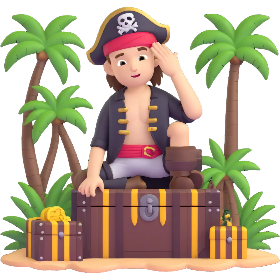 kid pirate with hand on forehead looking for something, one foot on treasure chest, palm trees in background emoji