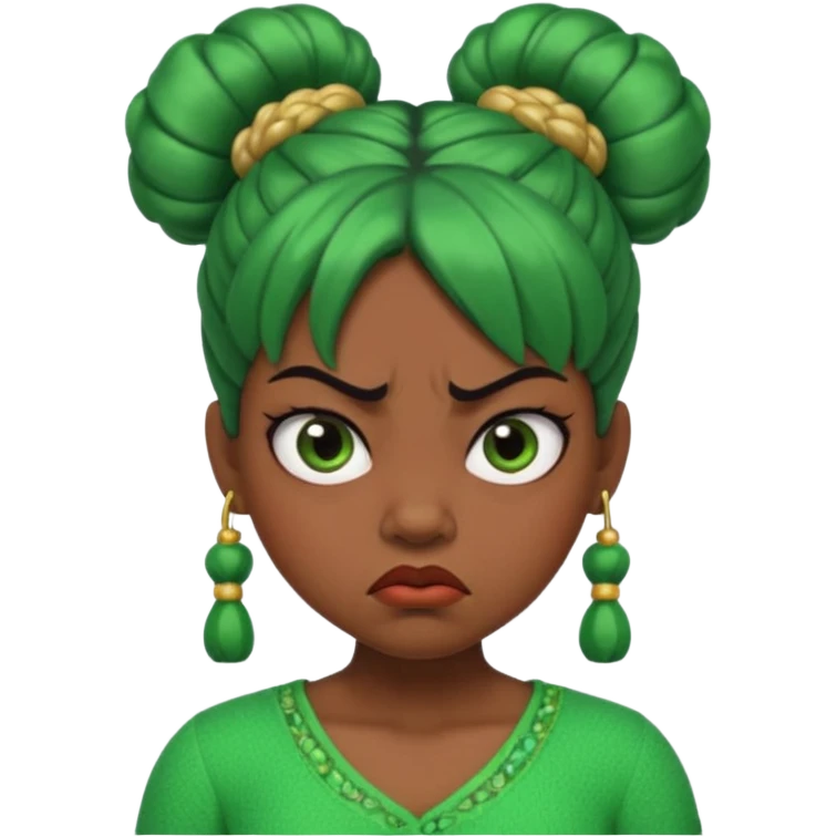 Create a 3D cartoon-style girl character with dark skin, round face, angry expression, big wide eyes, and tightly styled double buns made of green beaded hair. The girl should look irritated, eyebrows sharply angled, and lips pressed in a frown. emoji