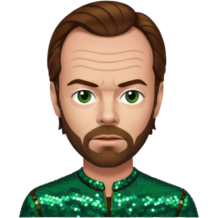 Hugo Weaving with brown hair, dark green sequin outfit emoji