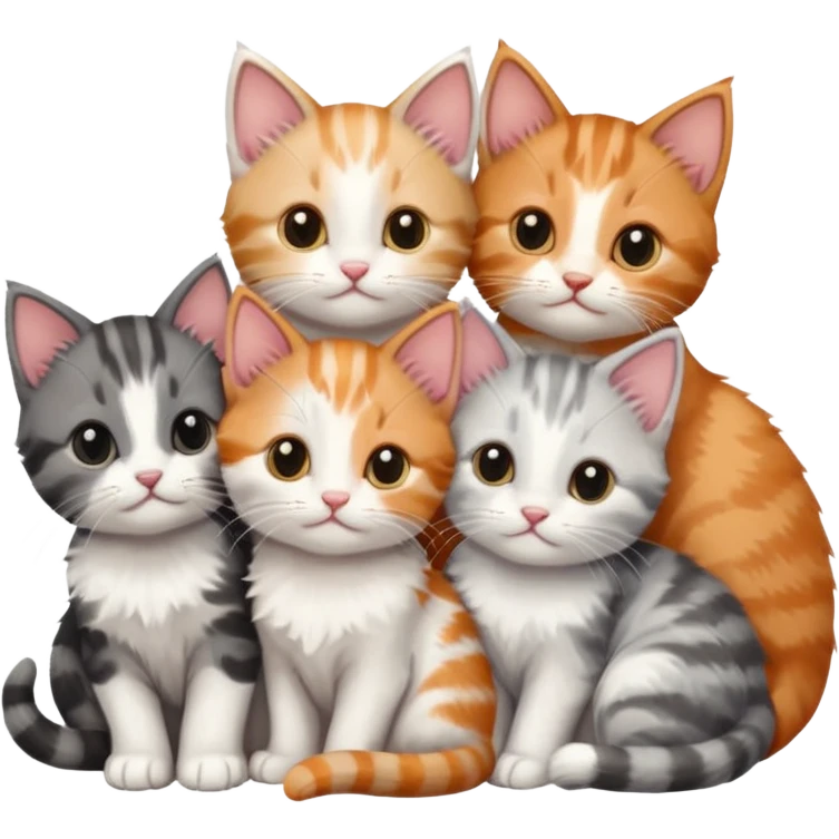 6 tiny kittens cuddling together all different colours, the first one is grey and white, the second is ginger and white and the third is brown tabby and white emoji