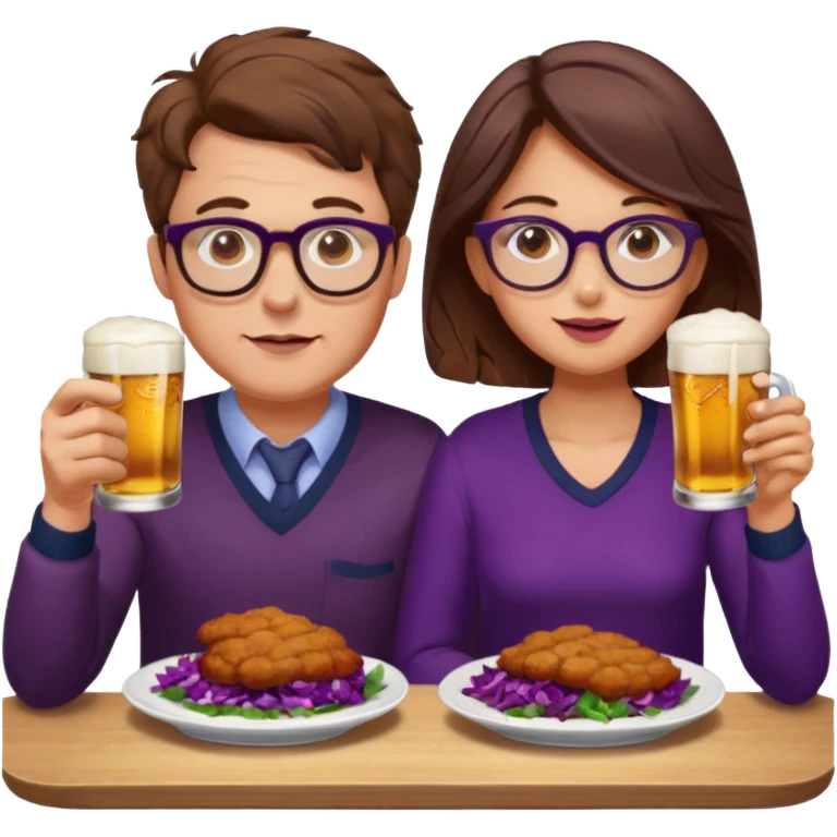 German man with glasses and brown hair and woman with glasses and brown hair eating schnitzel, red cabbage, potatoes, and drinking a beer emoji
