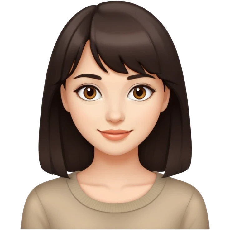 Attractive young woman with dark brown bangs and subtle makeup, confident smile emoji