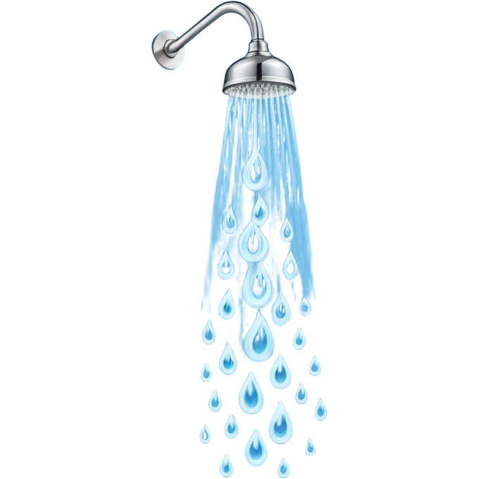 Simple silver shower head outline with three thick blue vertical water streams and two small white steam wisps, bold lines, flat colors emoji