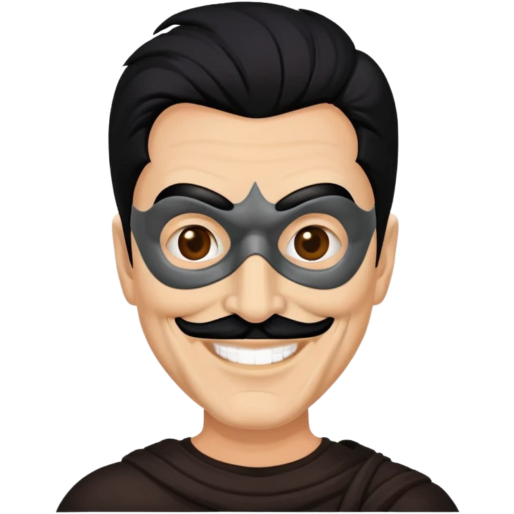 full face masked man, evil, serial killer, creepy, black hair, older, shoulders, smiling emoji