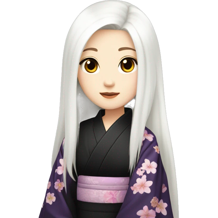Beautiful japanese girl with long straight white hair and dark violet eyes, pale skin. Wearing a black kimono with pretty flowers emoji