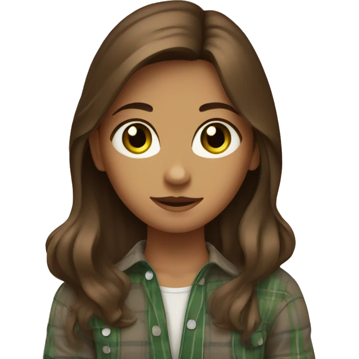 A girl with green eyes and loose brown hair is covered with a plaid emoji