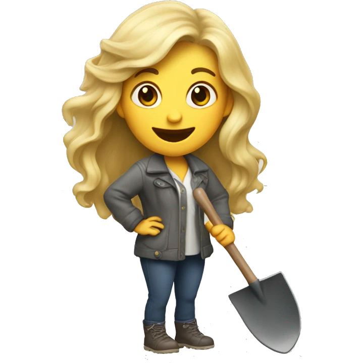 White woman with long hair and nice clothes holding a shovel and sneaky laughing emoji