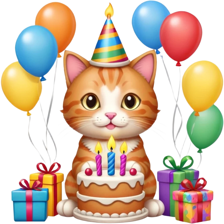 Ginger tabby kitten celebrates birthday, birthday hat, birthday cake, one candle, balloons, happy, gifts emoji