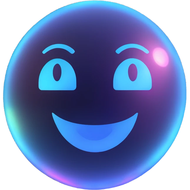 Floating holographic orb with a soft glow — a little futuristic, with a smiling face projected onto the surface. emoji