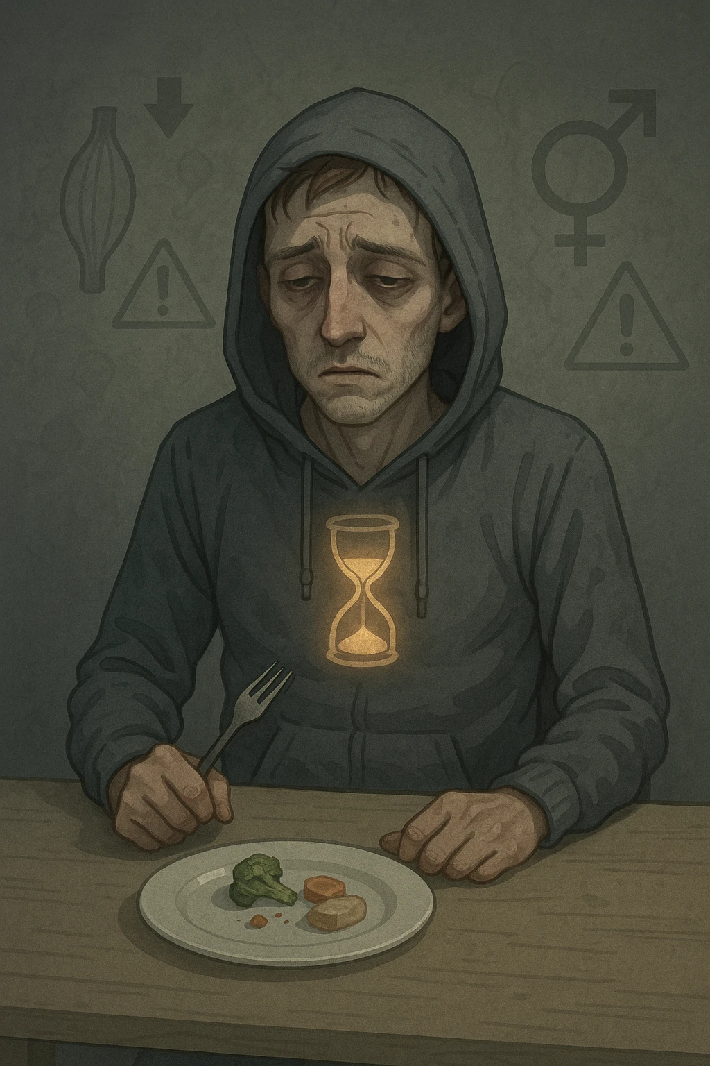 Undereating man in his 30s sitting at a table with a very small meal, looking fatigued and cold, wearing a hoodie indoors. His body appears skinny but soft, lacking muscle tone. Pale complexion, tired eyes, posture slouched. A faint hourglass inside his body glows dimly, symbolizing slowed metabolism. In the background, warning signs or ghostly outlines of potential health risks like muscle loss and hormonal imbalance. Mood: somber, undernourished, risky behavior. emoji