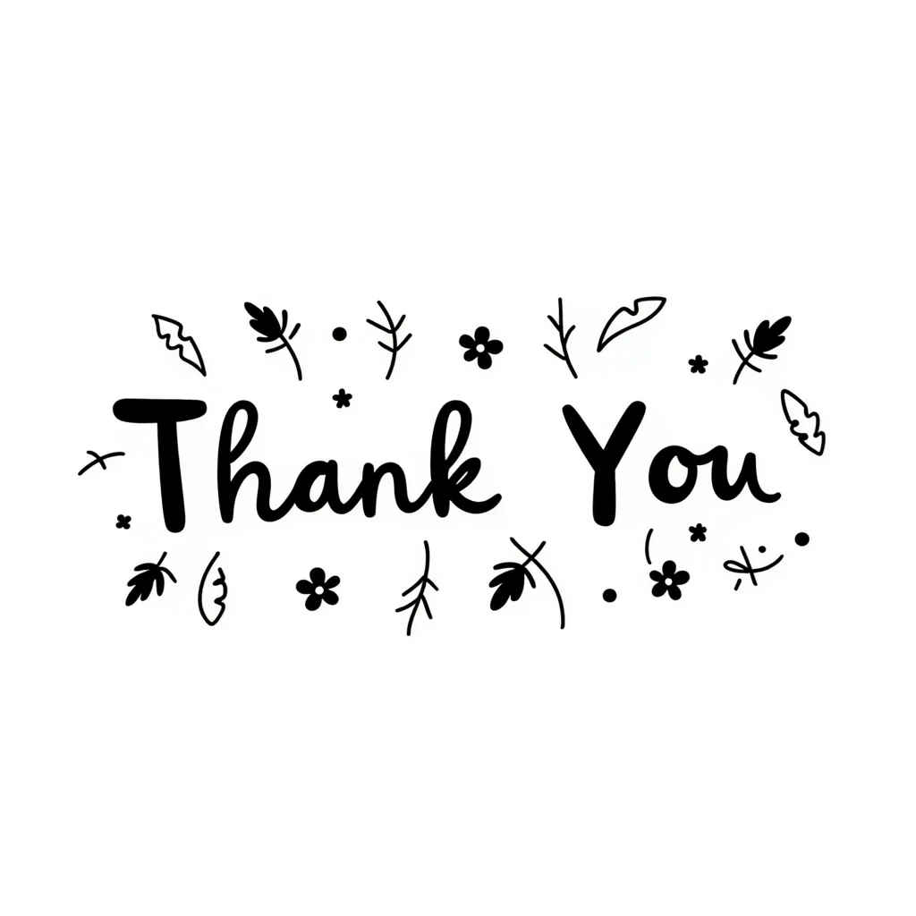 hand drawn 'Thank You' text with floral doodle decorations, doodle style emoji