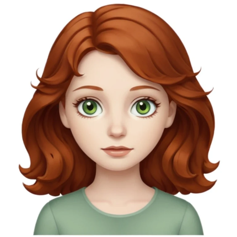 caucasian, pale, auburn haired girl, with medium length wavy hair, and sage green eyes with long eyelashes emoji