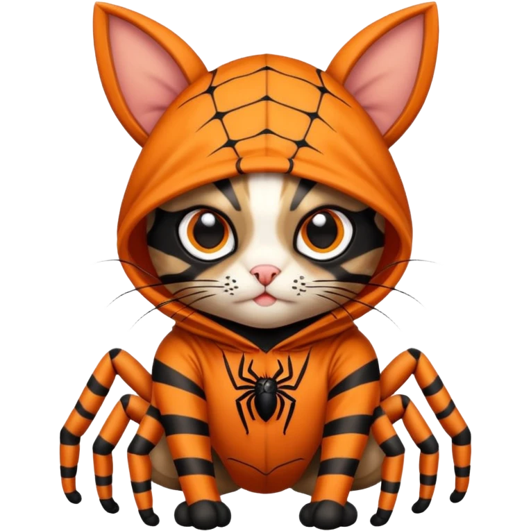 Tabby cat wearing a spider costume with big bulgy eyes with ears covered emoji