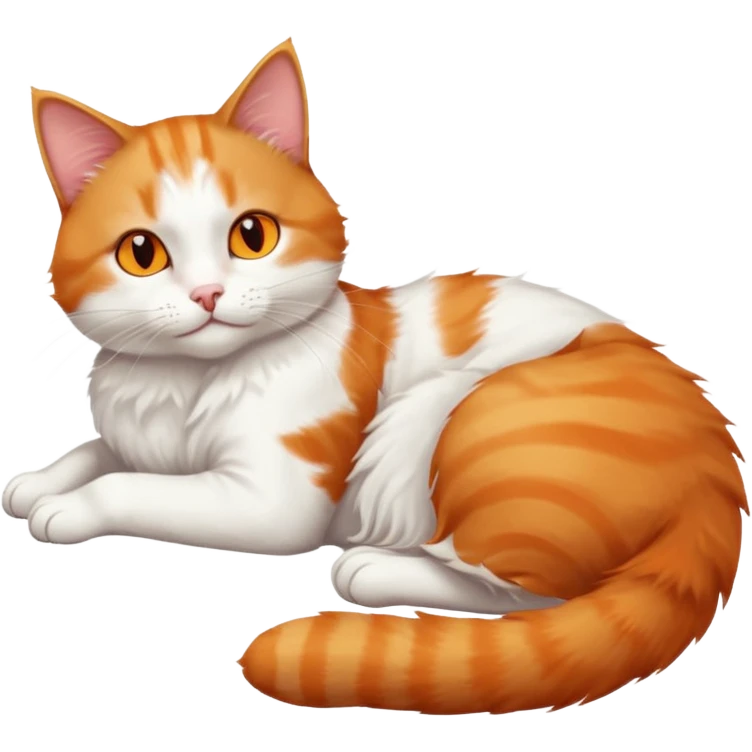 ginger and white cat with orange eyes doing a big extremely long stretch reaching up into the air with arms and legs side by side together straight and overextended whilst lying on its side emoji