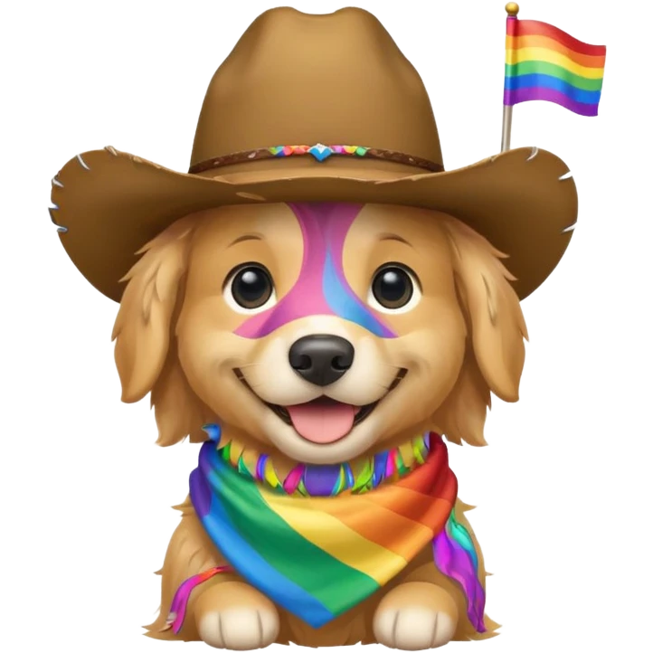 golden retriever with cowboy hat and rainbow flag emoji