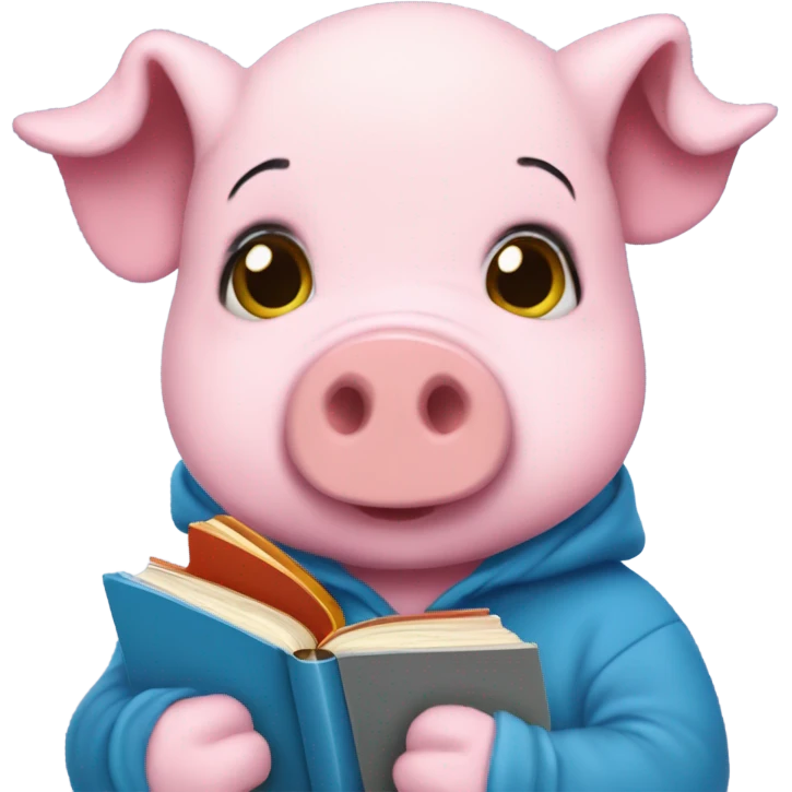 Cute pig beanie baby wearing a blue hoodie with books on it, reading a book called Little Women emoji