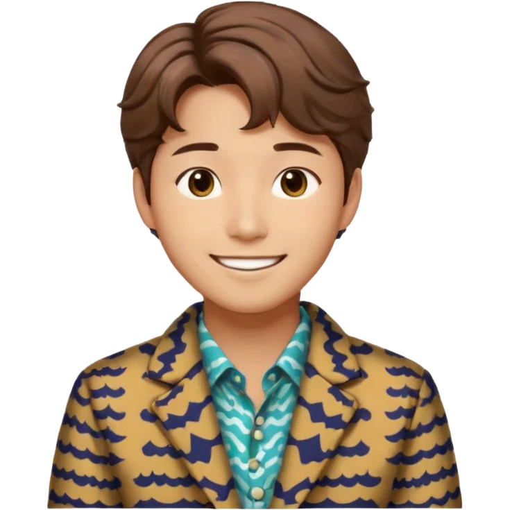 Design a Korean male idol with wavy brown hair, patterned jacket & cheerful smile, inspired by V of BTS. emoji
