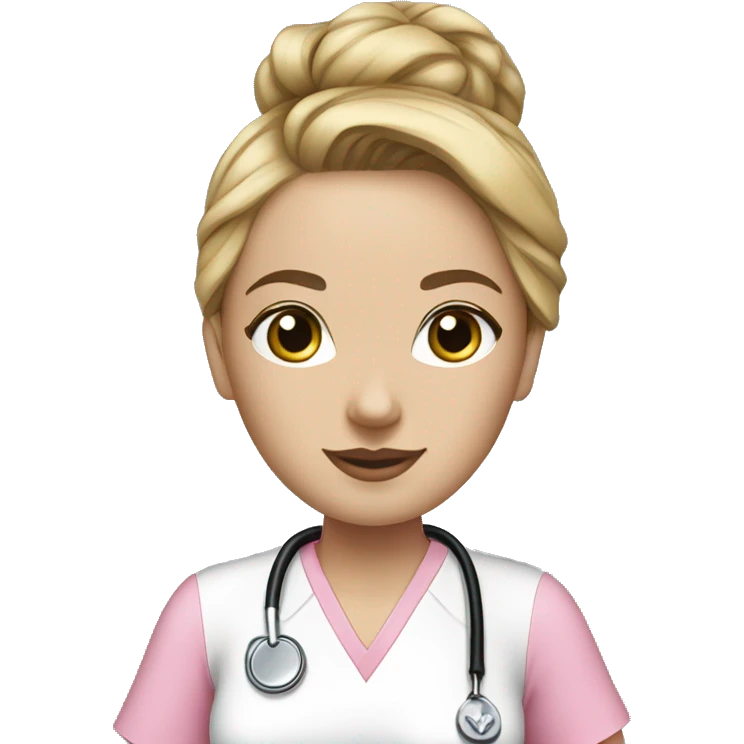 Nurse ,white woman, black messy bun,pink scrubs ,Louis Vuitton bag  emoji