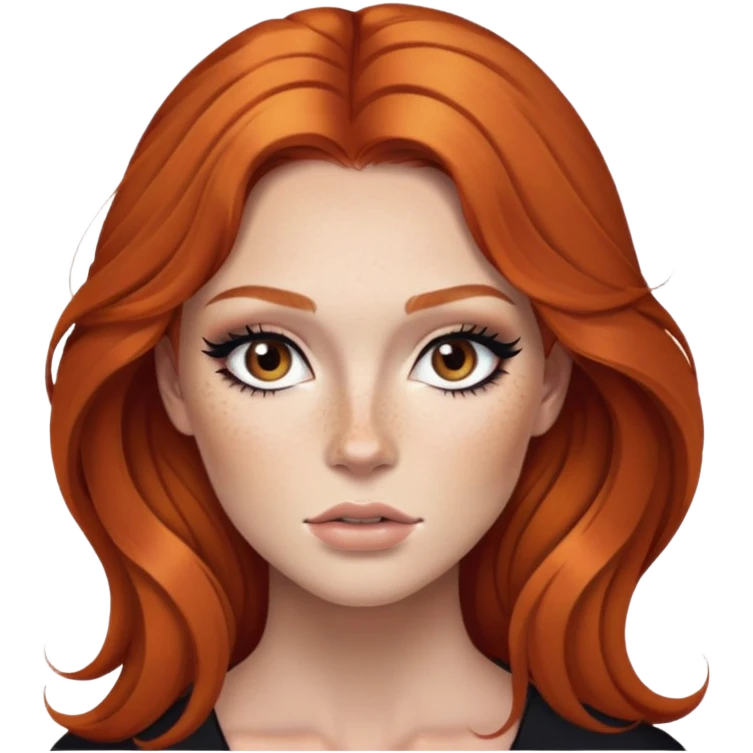 ginger hair, brown eyes, freckled, baddie,pretty makeup, strong makeup, black eyeliner, long hair emoji