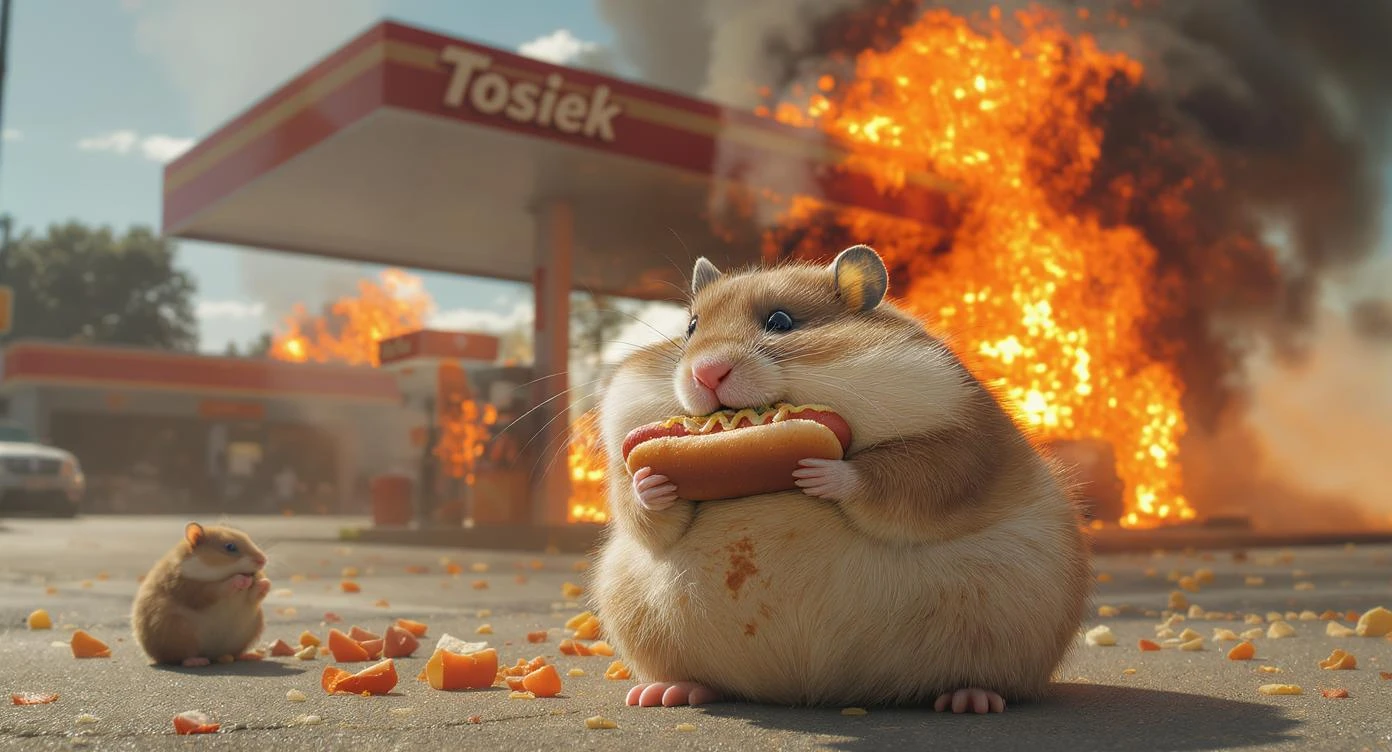 Cinematic still of A portrait of a fat hamster eating hotdog on gas station, gas station is in fire, other hamster fun away, sunny day, back light explosion , gas station named "Tosiek" emoji