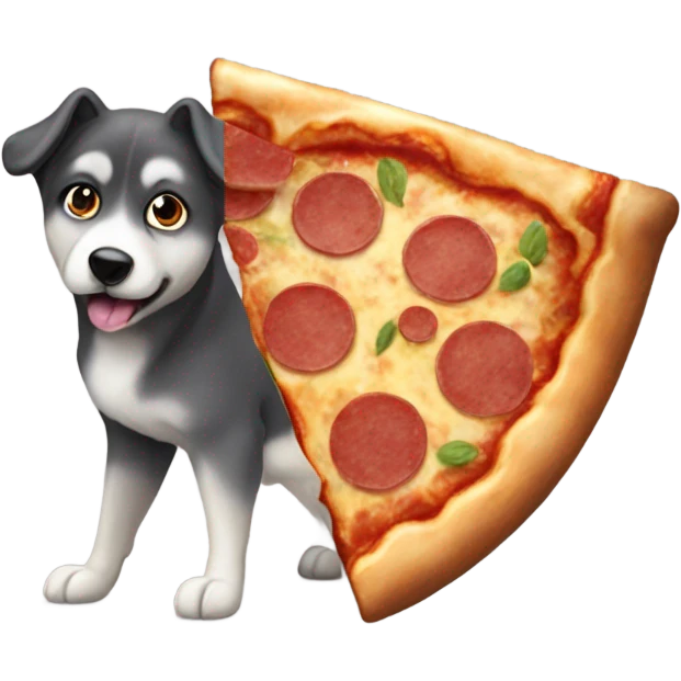 Black and gray Eurasian dog eating pizza emoji