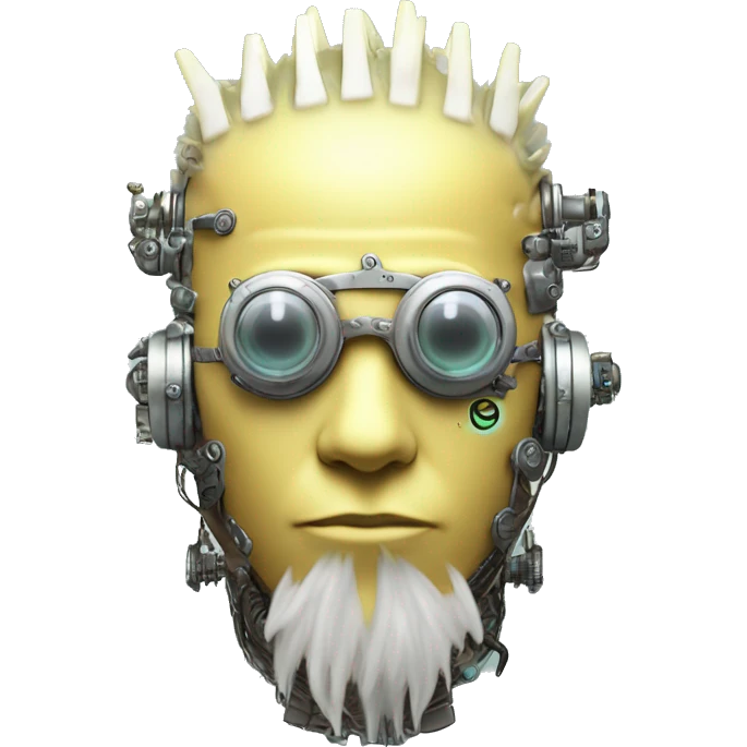Pastel light yellow Mohawk cyborg head with silver steampunk goggles, goatee and circuits emoji