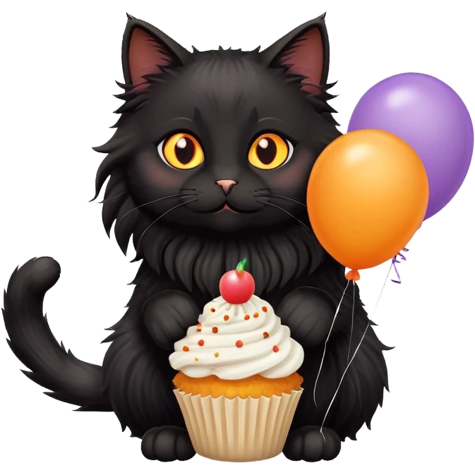 Orange eyes Long haired black cat fluffy with cupcake balloons emoji