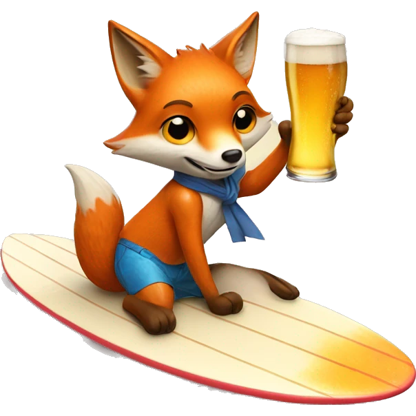Fox on a surfboard with a beer emoji