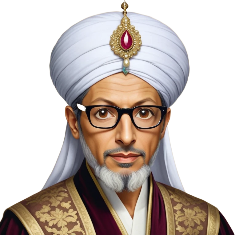 Jeff Goldblum without glasses as a regal portrait dressed as _cinematic-realistic-portrait-of-suleiman-the-magnificent,-depicted-as-a-regal-ottoman-sultan-adorned-with-a-large,-white,-round,-tall-turban-and-a-majestic-grey-beard,-his-commanding-gaze-bathed-in-warm,-historic-lighting-that-exudes-timel emoji