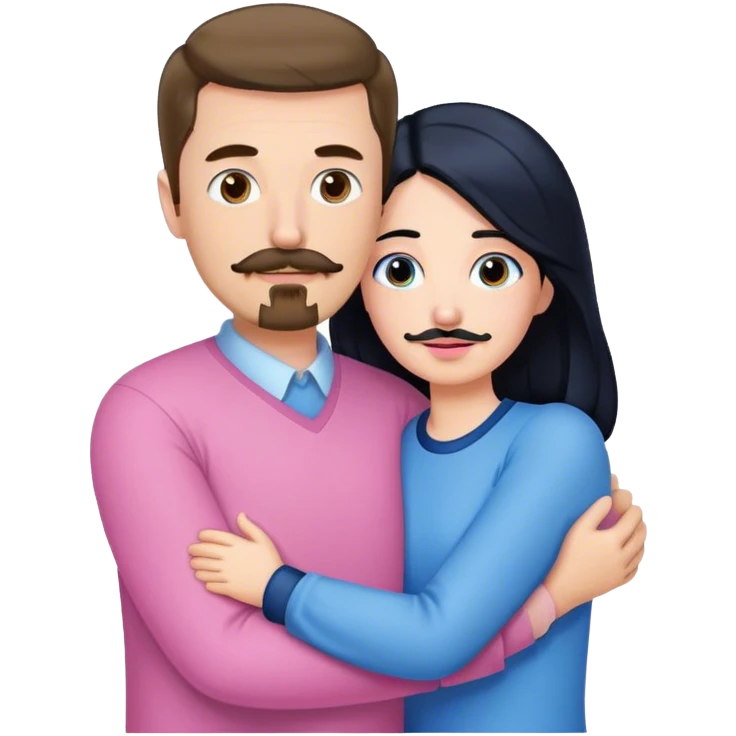 Tall white man with brown mustache goatee wearing blue AND a short pale woman with long black hair wearing pink, hugging emoji